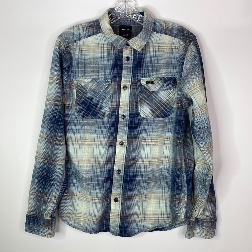 RVCA Blue Muir Flannel Long Sleeve Button Down Blue Shirt Size Small